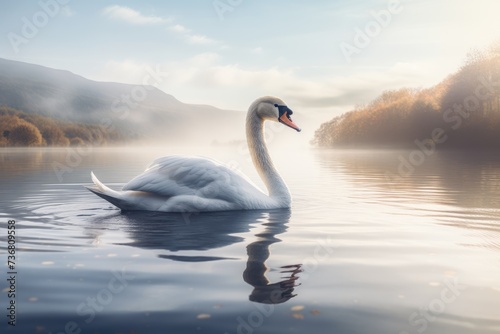 A swan gracefully gliding across on a calm lake  swan elegance in tranquil pond water . Ai generated