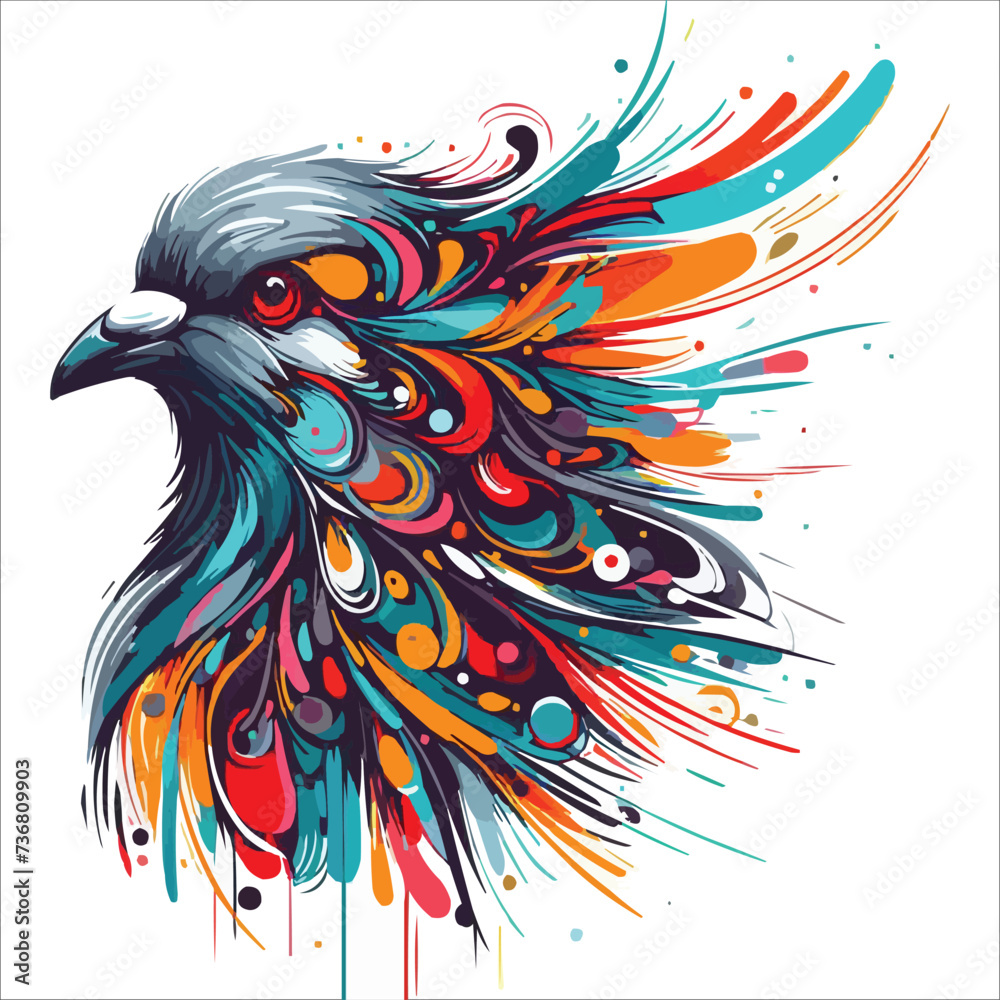 Abstract Pigeon head multicolored paints colored drawing vector illustration 