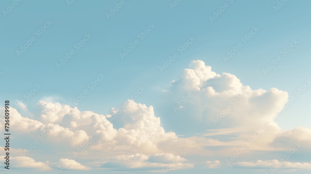 Beautiful sky on colorful gentle light day background. Sunny and fluffy clouds with pastel tone and idyllic color backdrop. Picturesque generative ai