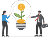 Businessman drop coin light bulb with seedling green plant for invest ,ESG or Social and Corporate Governance ESG renewable, green, safe and long term source concept vector illustration.

