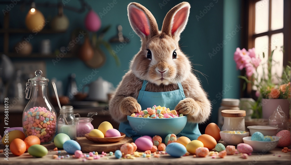 Realistic_easter_bunny_cooking_sweets_with_ingredients - obrazy, fototapety, plakaty 
