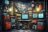 Picture a whimsical fusion of antiquated technology and animation with an old tech cartoon background, featuring comical devices, Generative AI