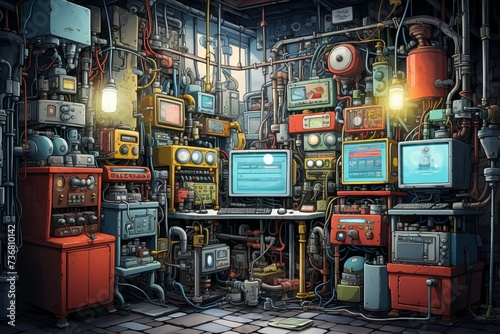 Picture a whimsical fusion of antiquated technology and animation with an old tech cartoon background, featuring comical devices, Generative AI photo