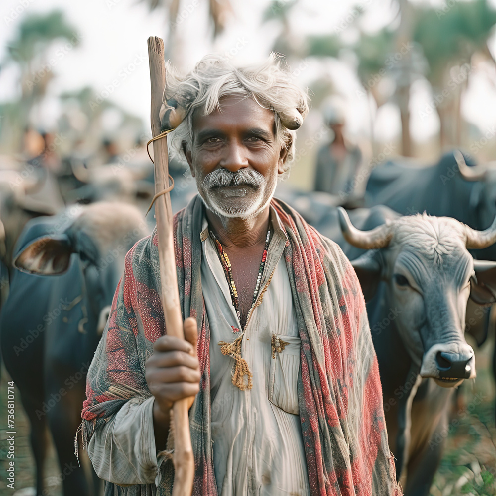 a man with a stick standing in front of a herd of cows