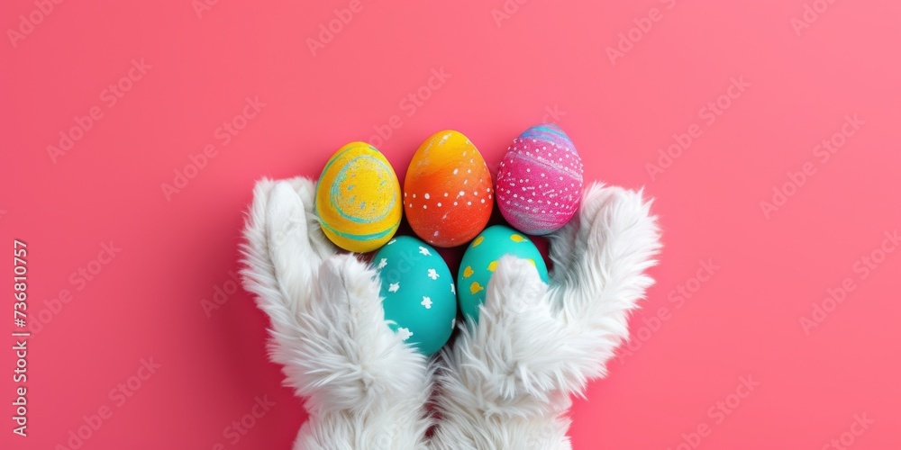 A playful image of fluffy white bunny paws holding decorated Easter eggs against a vibrant pink backdrop.