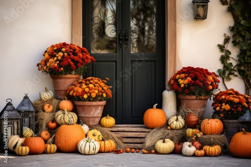 Pumpkins and autumn decorations on a front porch
