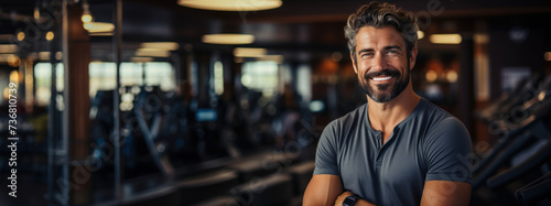Man trainer smiling at fitness gym abstract background. Generative ai.