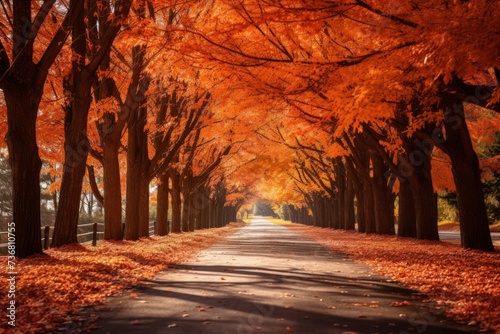 Red and orange maple trees along a tranquil road