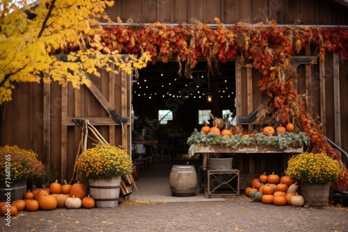 Rustic barn adorned with autumn decorations