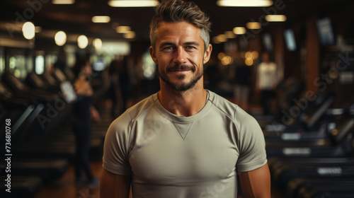 Man trainer smiling at fitness gym abstract background. Generative ai.
