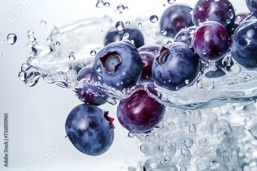 Gorgeous whole blueberries tumble into clear water, their vibrant purple hues and textured surfaces creating an aesthetic spectacle of incomparable freshness and beauty.