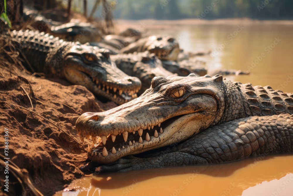 Fototapeta premium Crocodiles resting in the sun on a river bank. Ai generated