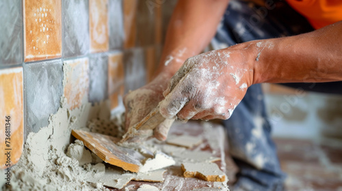 An expert tiler carefully chiseling away damaged tiles to make way for new ones seamlessly blending them in with the existing ones in a bathroom.