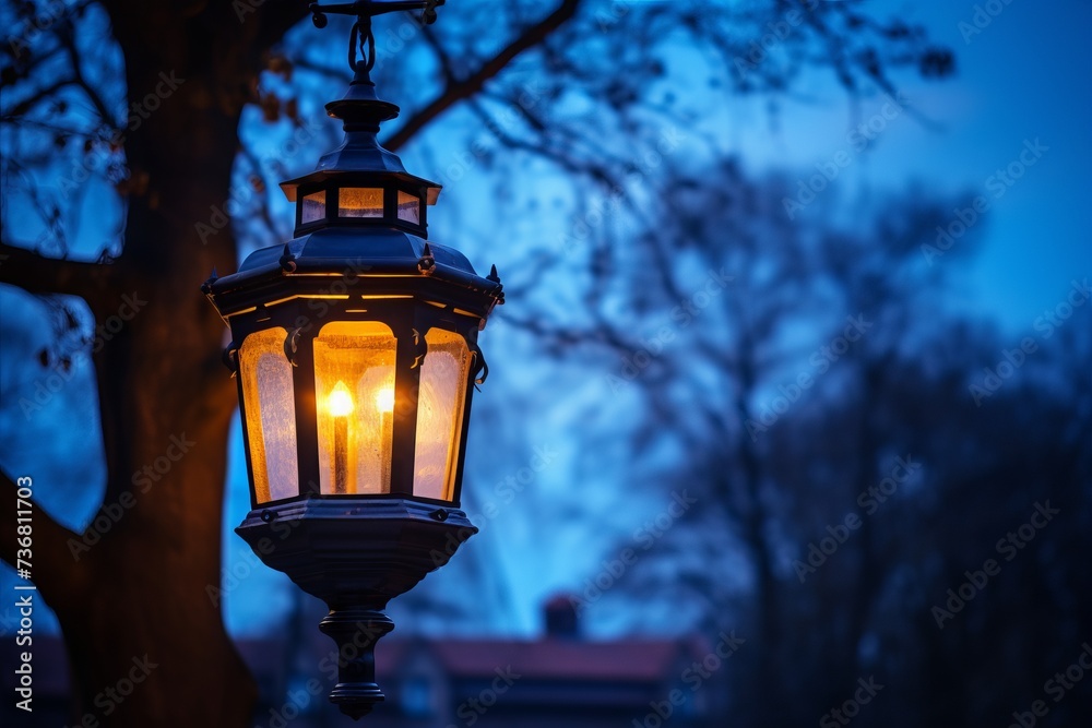 A close-up of a lantern in the blue hour