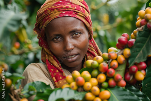 Ethiopian woman picking coffee from a coffee bush.