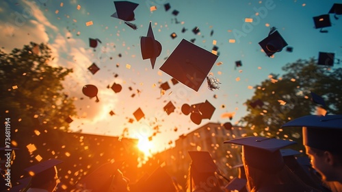 Graduation hats in the air celebrating, education concept with students celebrate success with hats. Generative AI.