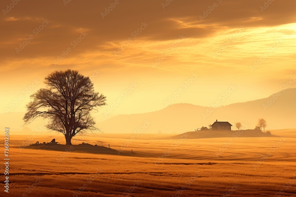 A rural landscape bathed in the golden hue