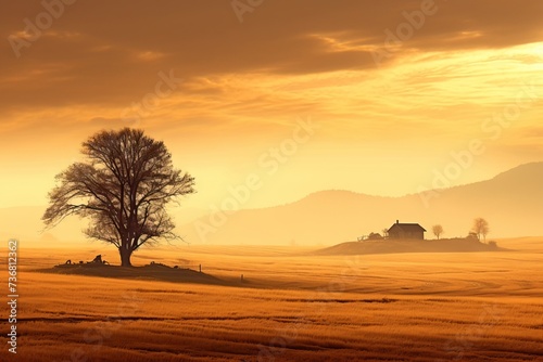 A rural landscape bathed in the golden hue