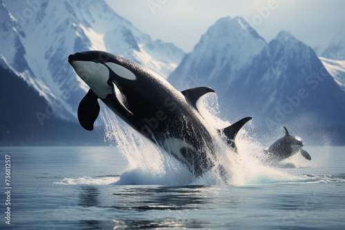 Orcas breaching in the Arctic waters. Ai generated