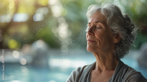 A senior woman sitting in a calming environment following a guided breathing exercise and finding inner peace enveloped by a tranquil indoor oasis.