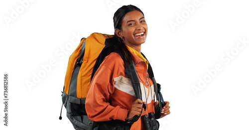 Hiking, backpack and portrait of happy woman with travel adventure, explore or fun on isolated, transparent or png background. Journey, trekking or face of Indian person excited for camping in nature