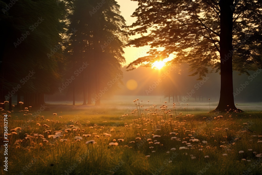 A tranquil meadow kissed by the setting sun