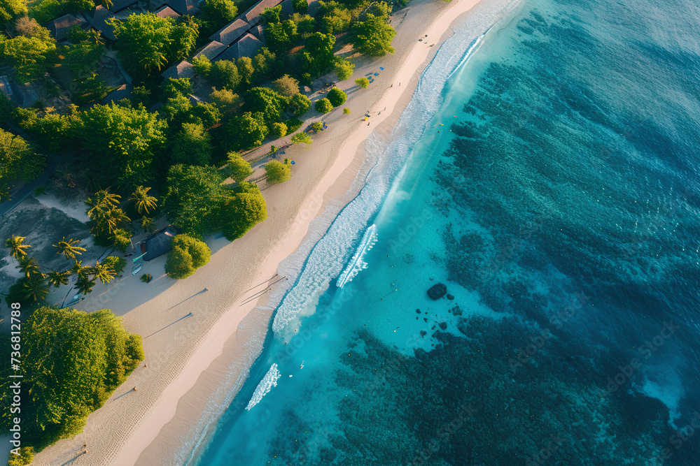 Aerial view of Gili Islands, Lombok, Indonesia: Sandy beach, turquoise ocean waves.