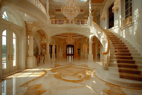 an opulent foyer in a luxury estate with floors and walls clad in polished white and gold-veined marble Incorporate grand elements like a sweeping staircase and a crystal