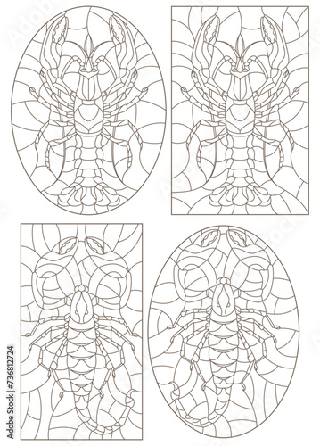 Set of contour illustrations of stained glass Windows with Scorpion and cancer, dark contours on a white background