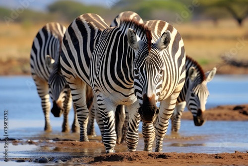Zebras drinking water from a river in the savanna. Ai generated