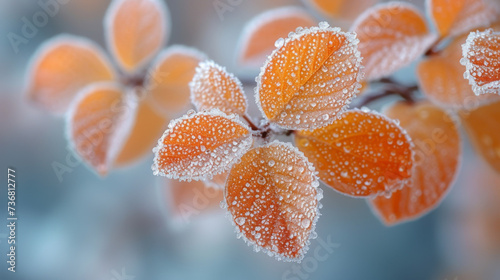 Closeup of frostcovered foliage in winter showcasing a delicate and icy texture that captures the cold season.