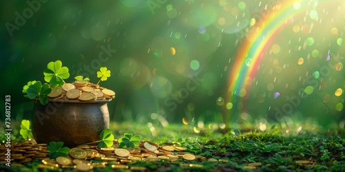 A pot of gold coins surrounded by green clover leaves with a rainbow in the background, depicting luck and St. Patrick's Day. photo
