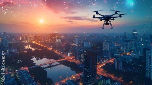A drone flying above an urban landscape during sunrise, with a digital network grid overlay symbolizing smart city connectivity.