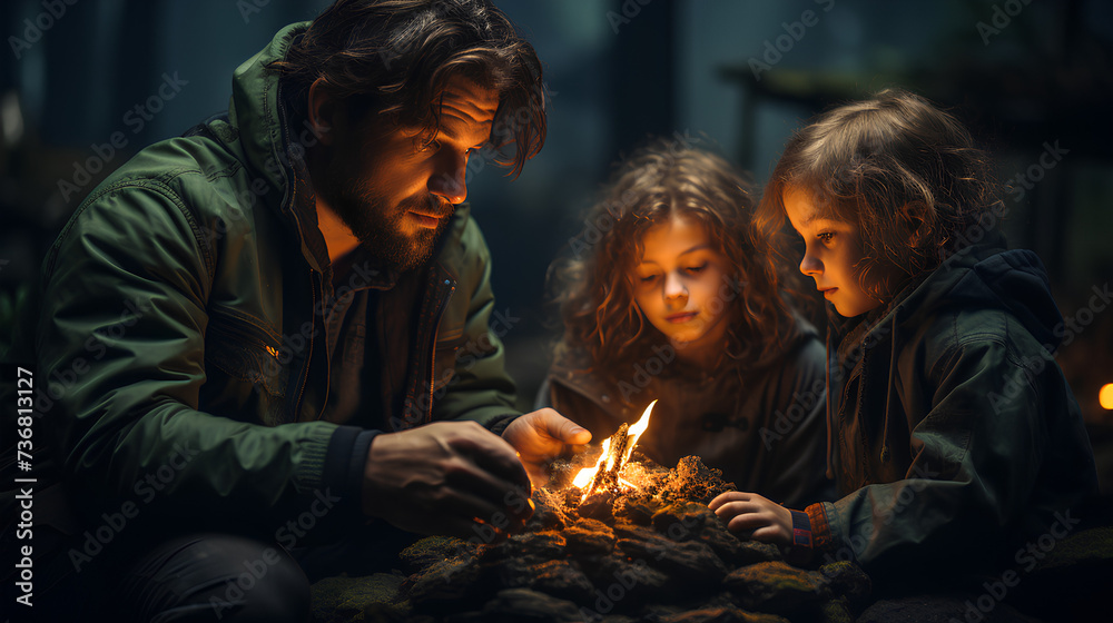photo of family camping in the forest with a campfire on a dark background