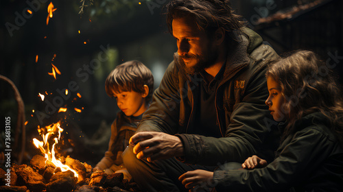 photo of family camping in the forest with a campfire on a dark background