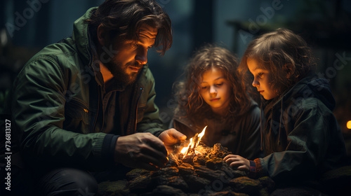 photo of family camping in the forest with a campfire on a dark background