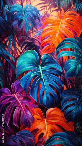 Large tropical leaves in neon colors. Creative fluorescent picture of exotic leaves.The concept of nature.