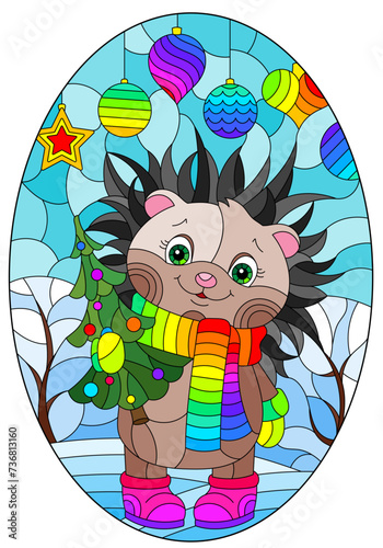 An illustration in the style of a stained glass window with a cartoon hedgehog on the background of a winter landscape