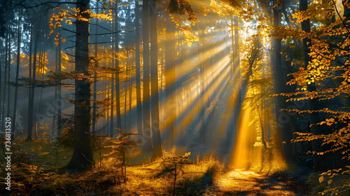 A magical forest illuminated by shafts of golden sunlight.