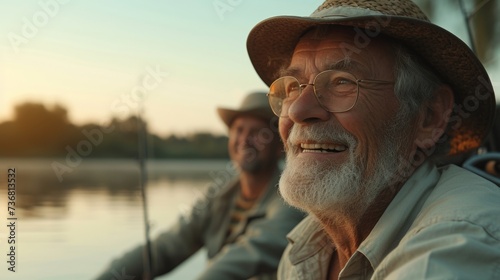 A group of retired friends laughing and reminiscing as they fish together on a quiet lake enjoying each others company.