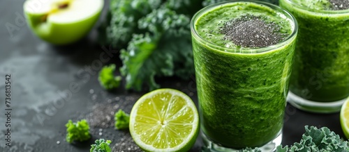 a close up of a green smoothie in a glass with a slice of lime . High quality photo