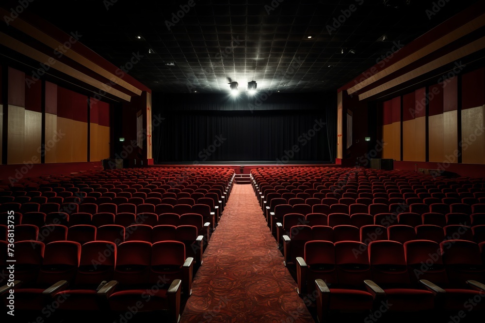Movie theater interior with rows of empty seats Movie theater interior with rows of empty seats