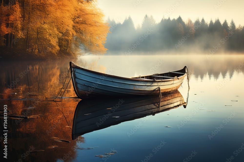 Reflection of a boat in tranquil lake waters - obrazy, fototapety, plakaty 