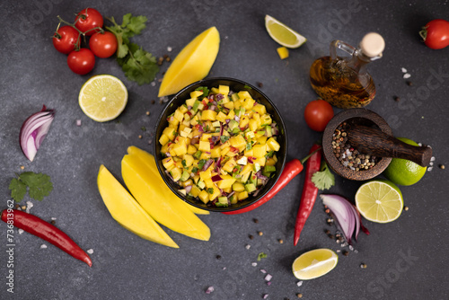 Freshly made mango salsa in a black ceramic bowl on a table with ingredients