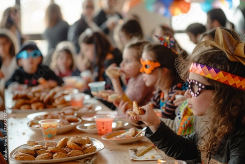 Festive table with festive dishes of Purim. Children in carnival masks eat cookies hamantaschen. Concept: traditions and holidays.
