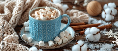A warm cup of hot chocolate topped with fluffy marshmallows placed on a saucer  set on a rustic wooden table