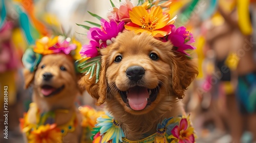 Funny dog in costume at parade. Cute Golden Retriever puppy dancing in colourful vibrant festive costume at carnival. Happy party pet animal, flower child hipster fashionista.