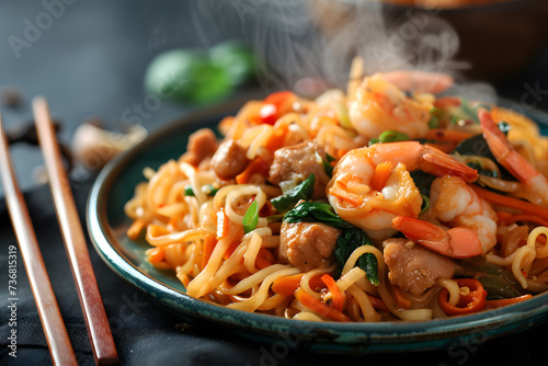 Hokkien mee is a Chinese dish served with fish balls and shrimp, pork belly against a dark background, with a pair of chopsticks resting beside the plate, and steam rising off the dish. AI photo