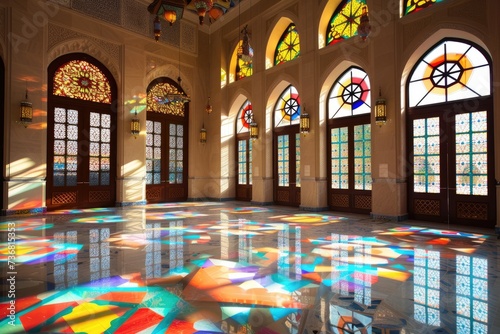 The interior of the beautiful mosque with beautiful glass wall decorations