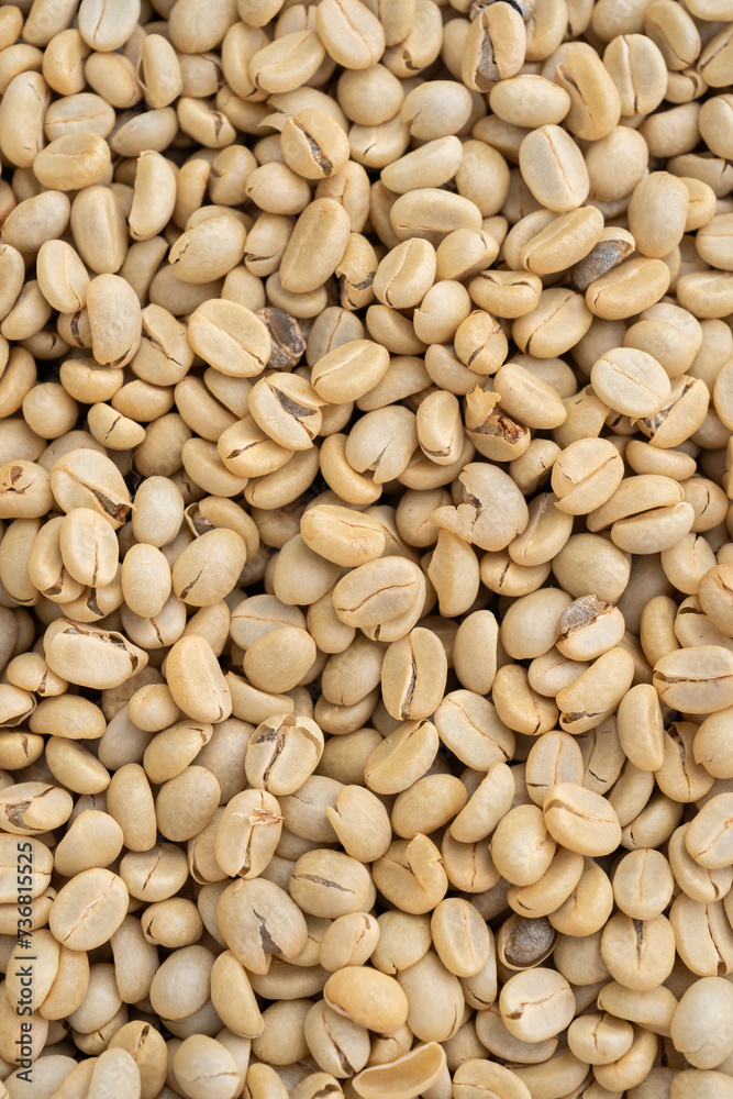 Unroasted green Arabica coffee beans flat surface. Backgrounds. Closeup macro food photo directly from above. Unroasted green Arabica coffee beans flat surface. Backgrounds. Closeup macro food photo directly from above.